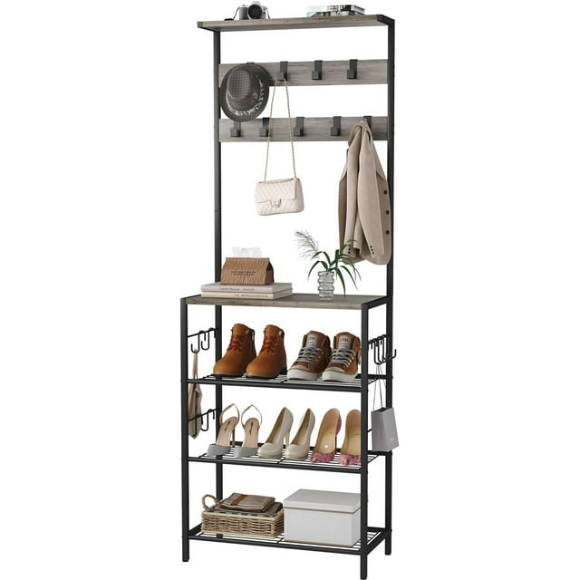 HOMEFORT 5Tier Hall Tree, Metal Coat and Shoe Rack with Hanger Hooks