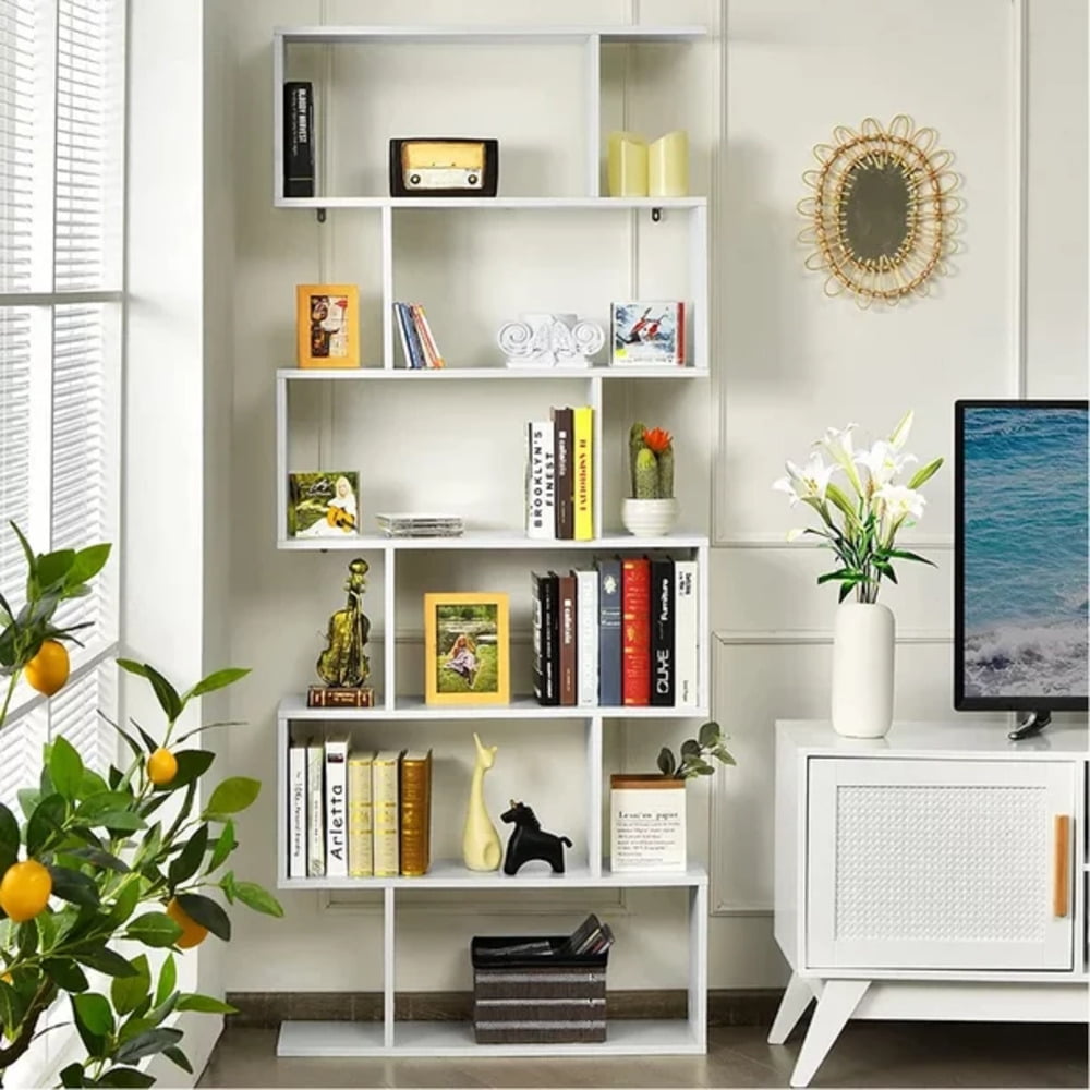 HOMEFORT 6 Shelf Geometric Bookcase Wood S Shaped