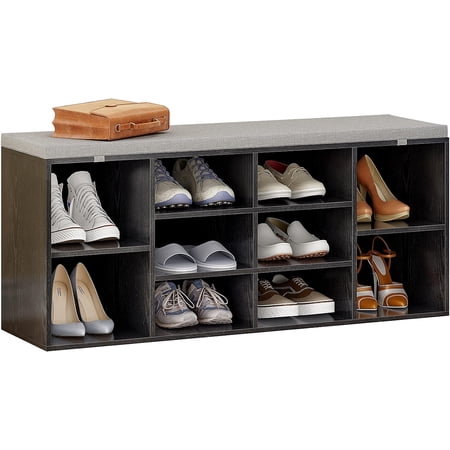 HOMEFORT Shoe Bench with Cushion, Shoe Storage Cubby Bench, 10-Cube Shoe Rack Bench for Entryway, Bedroom, Cloak Room, Black