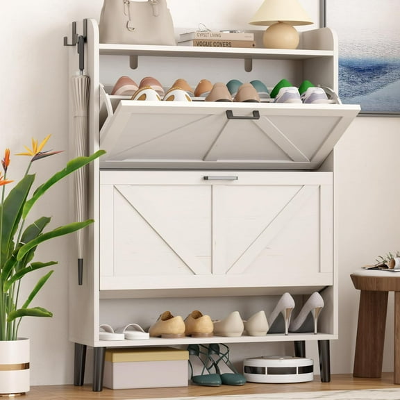HOMEFORT Shoe Storage Cabinet for Entryway, Slim Shoe Organizer with Two Flip Drawers, Narrow Shoe Rack Cabinet with Wood Legs, Farmhouse Hidden Shoe Cabinet for Front Door Entrance,Antique White