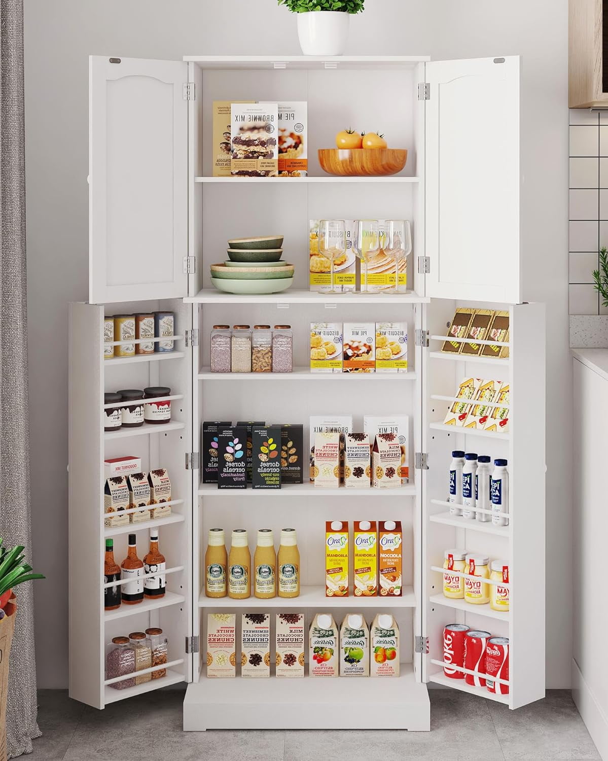 HOMEFORT Tall Kitchen Pantry Storage Cabinet with Doors and Shelves Wooden Food Pantry Farmhouse Cupboard Freestanding Buffet for Kitchen Dining