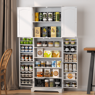 FOTOSOK Kitchen Pantry Storage Cabinet, 63'' Tall Pantry Cabinet with Glass  Doors and Adjustable Shelves, Kitchen Cabinet Cupboard with Microwave