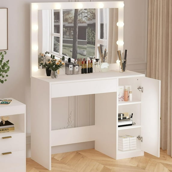 HOMEFORT Vanity Desk with Large HD Mirrors and Lights, Makeup Dressing Table with Outlet, Vanity Station with 3 Color Lighting, Adjustable Brightness, Big Drawer and Cabinet for Women Bedroom, White