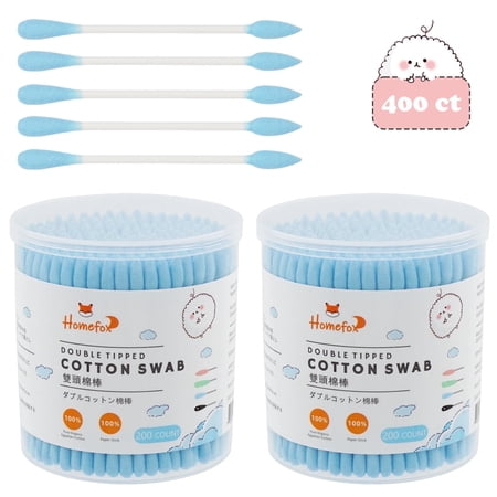 HOMEFOX 400 Count Blue Cotton Swabs with Precision Pointed Tips, Pure Organic Cruelty-Free