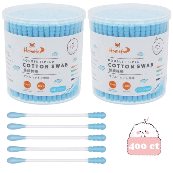 HOMEFOX 400 Count Blue Cotton Swabs with Spiral Round Tips, Pure Organic Cruelty-Free