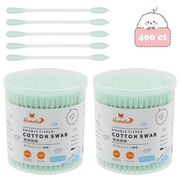 HOMEFOX 400 Count Green Cotton Swabs with Precision Pointed Tips, Pure Organic Cruelty-Free