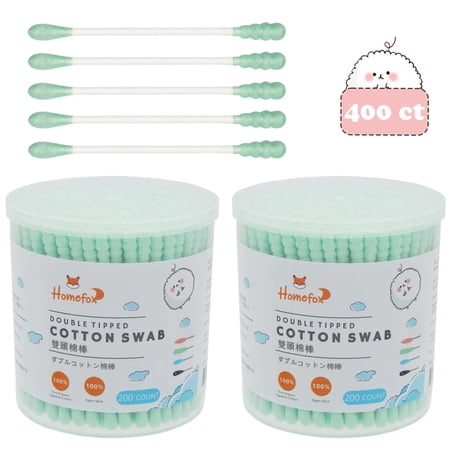 HOMEFOX 400 Count Green Cotton Swabs with Spiral Round Tips, Pure Organic Cruelty-Free