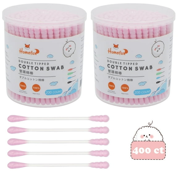 HOMEFOX 400 Count Pink Cotton Swabs with Spiral Round Tips, Pure Organic Cruelty-Free