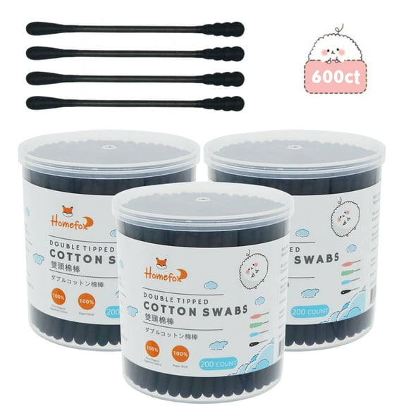 HOMEFOX 600 Count Black Cotton Swabs with Spiral Round Tips, Pure Organic Cruelty-Free