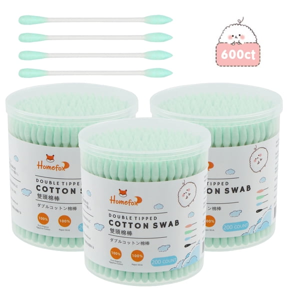 HOMEFOX 600 Count Green Cotton Swabs with Precision Pointed Tips, Pure Organic Cruelty-Free