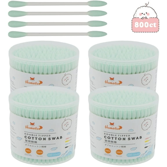 HOMEFOX 800 Count Green Cotton Swabs with Precision Pointed Tips, Pure Organic Cruelty-Free