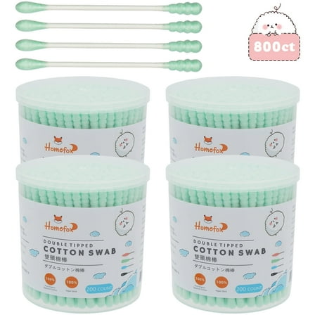 HOMEFOX 800 Count Green Cotton Swabs with Spiral Round Tips, Pure Organic Cruelty-Free