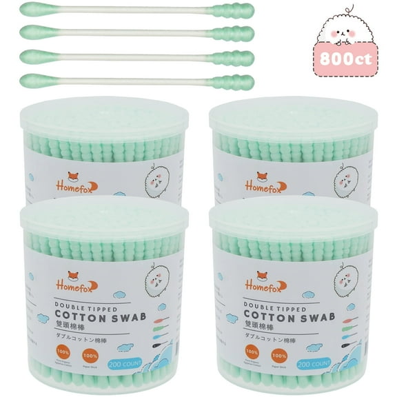 HOMEFOX 800 Count Green Cotton Swabs with Spiral Round Tips, Pure Organic Cruelty-Free