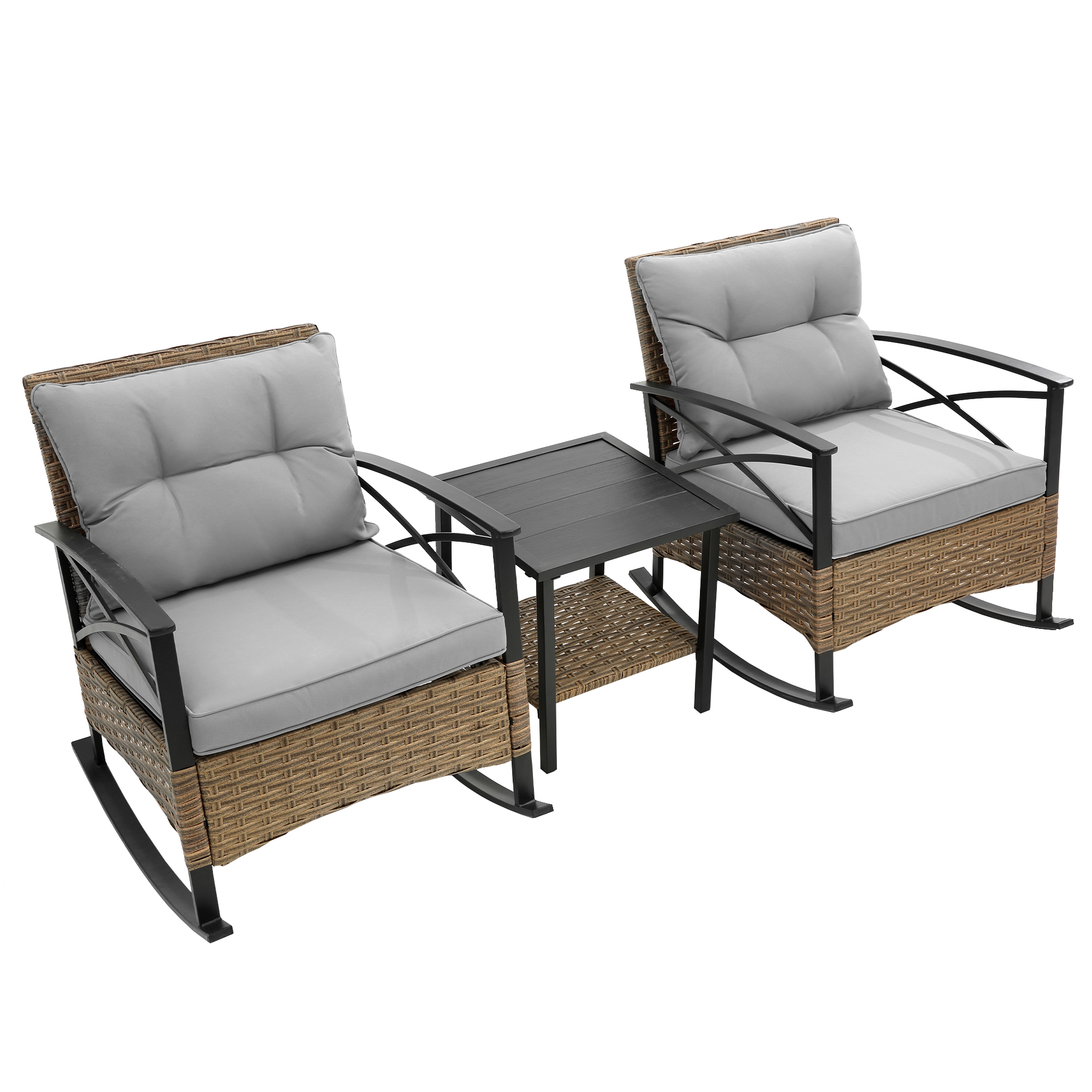HOMEFUN 3-Piece Rocking Chair Lounge Set Outdoor Rattan Rocking Chair Grey Set (1 Wicker Table And 2 Chairs), Outdoor Rattan Sofa With Grey Cushions, Rockable Seat Bottom Set - image 1 of 8