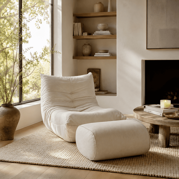 Homefun Lounge Chair with Ottoman,Modern Bean Bag Floor Chair with Non-Slip Base,Soft Chenille Reading Chair,No Assembly Required,Beige