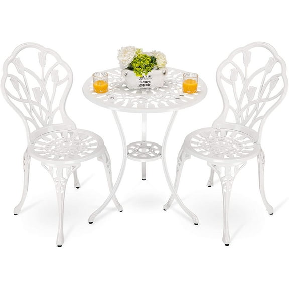 HOMEFUN Bistro Table and Chairs Set of 2 Outdoor 3 Piece Patio Set Tulip Pattern Cast Aluminum Bistro for Garden Balcony, Durable Rust All-Weather Resistance (White)