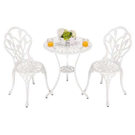 HOMEFUN Bistro Table Set, Outdoor Patio Set 3 Piece Table and Chairs, Tulip Carving and Weather Resistant-White