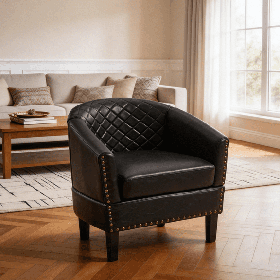 Homefun Barrel Accent Chair PU Leather Nailhead Trim Diamond Tufted Back Club Chair for Living Room,Black