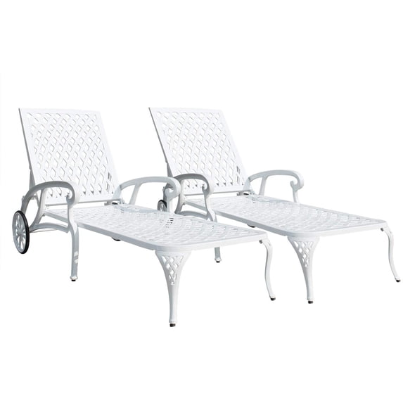 HOMEFUN Chaise Lounge Outdoor, Cast Aluminum Lounge Chairs Set of 2 for Outside Pool Tanning Chairs with Adjustable Backrest and Moveable Wheels, White