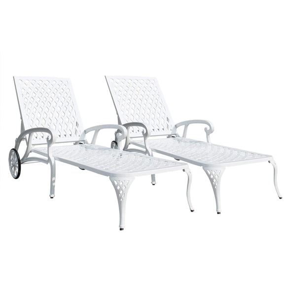 HOMEFUN Chaise Lounge Outdoor, Cast Aluminum Lounge Chairs Set of 2 for Outside Pool Tanning Chairs with Adjustable Backrest and Moveable Wheels, White