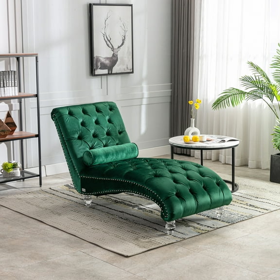 HOMEFUN Emerald Modern Tufted Velvet Chaise Lounge for Living Room with 1-Bolster Pillow and solid Acrylic legs