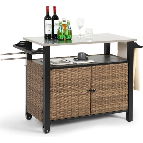 HOMEFUN Kitchen Island Cart Wicker Grill Prep Station & Stainless Steel Outdoor Serving Bar Table with Hooks Wheels Poolside Patio Grassland (Large)
