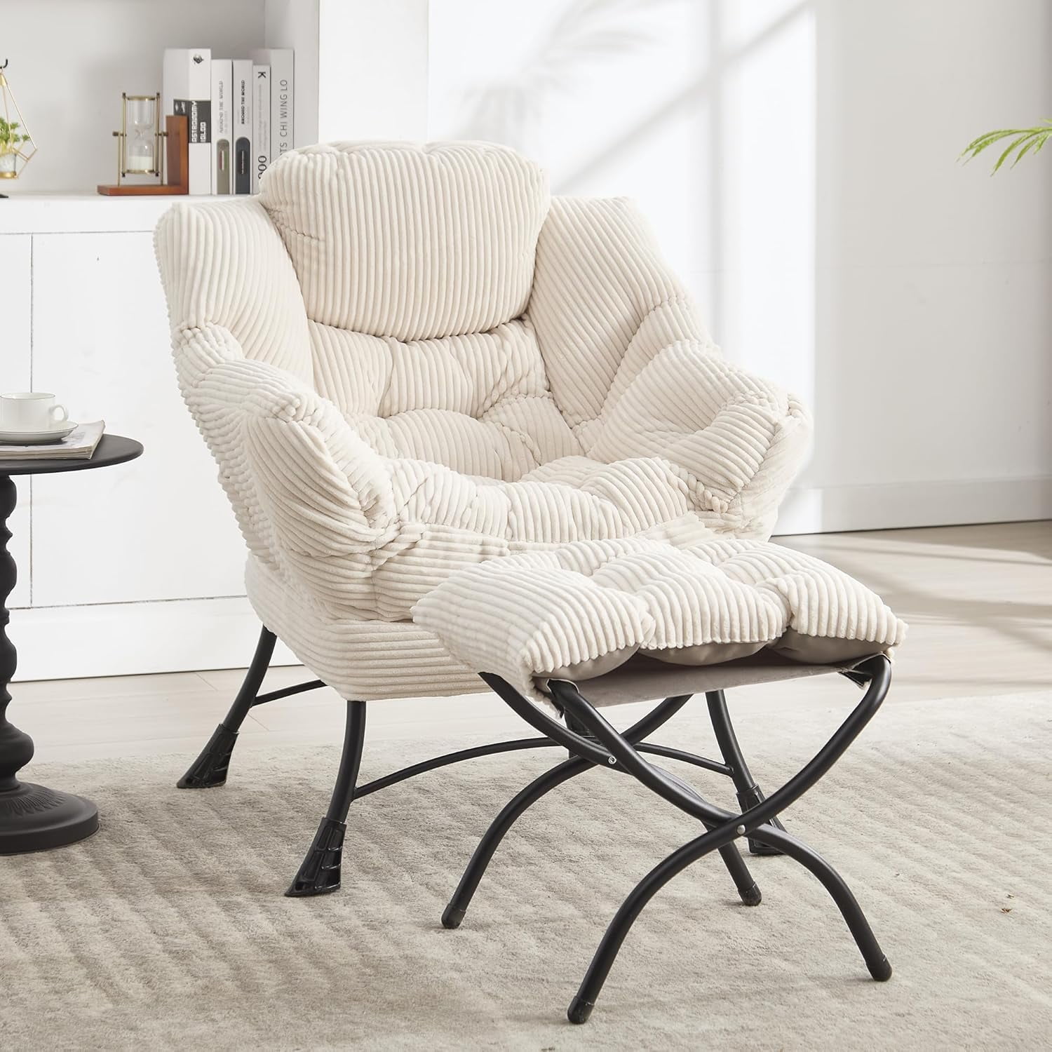 DreamNook Lazy Chair With Ottoman, Modern Accent Chair With Lumbar Pillow, Beige Sofa, Lounge Chairs With Folding Footrest, Oversized Supportive Chairs For Bedroom, Reading