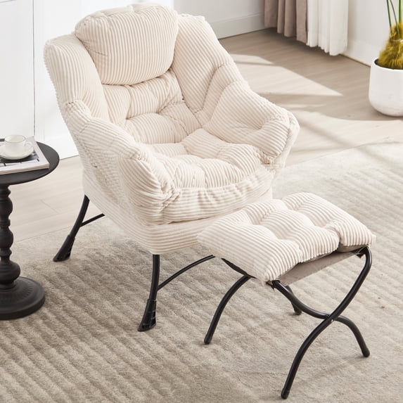Homefun Lazy Chair with Foldable Ottoman,Upholstered Lounge Accent Chair for Reading,Armchair with Side Pocket,White