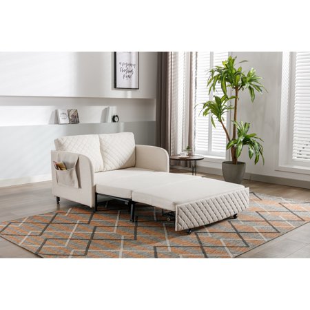 HOMEFUN Linen/PU Loveseat Convertible Storage Sleeper Sofa Bed with Headboard Beige+Linen