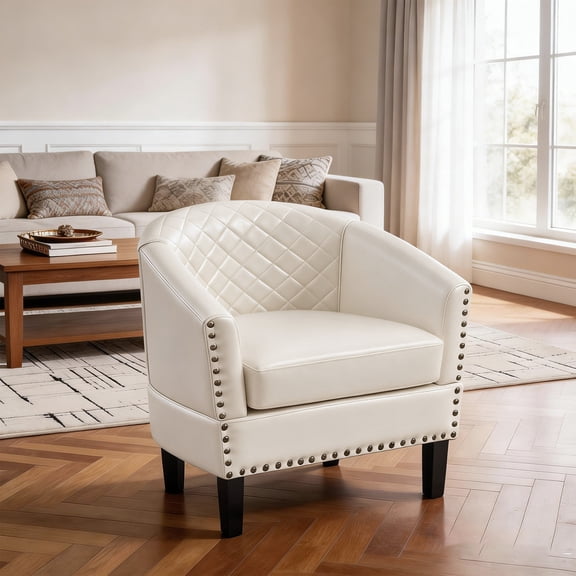 Homefun Barrel Accent Chair PU Leather Nailhead Trim Diamond Tufted Back Club Chair for Living Room,White