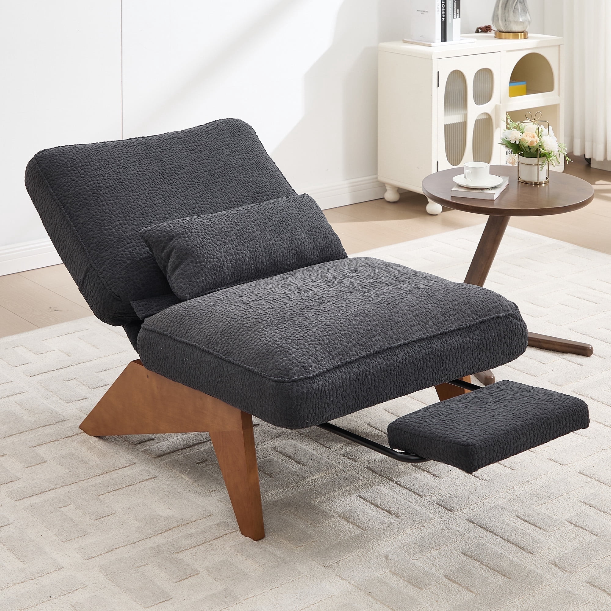 Homefun Modern Adjustable Lounge Chair with Footrest,Wooden Base Upholstered Recliner for Reading Rest Circle Fleece
