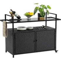 HOMEFUN Outdoor Bar Cart Table - Patio Console Storage Cabinet BBQ Grill Carts Buffet with Wheels Waterproof Wicker Serving Tables for Outside, Black