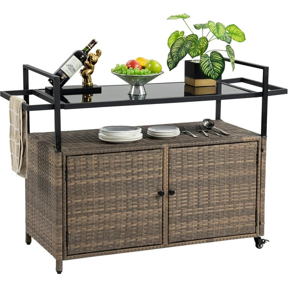 HOMEFUN Outdoor Bar Cart Table - Patio Console Storage Cabinet BBQ Grill Carts Buffet with Wheels Waterproof Wicker Serving Tables for Outside, Brown