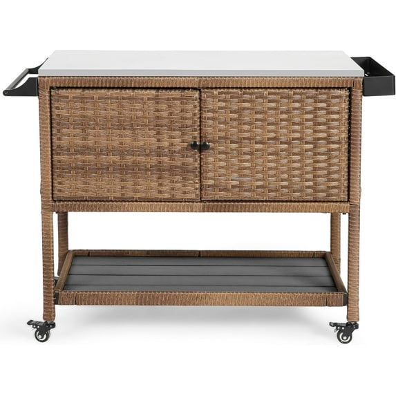 HOMEFUN Outdoor Grill Cart Kitchen Island with Storage Stainless Steel Top BBQ Prep Station Wicker Serving Bar Table with Hooks Wheels Backyard and Patio, Brown