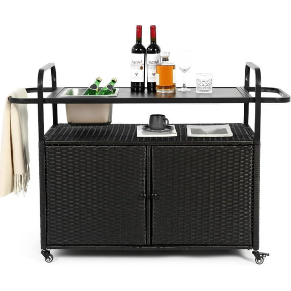 HOMEFUN Outdoor Kitchen Island Wicker Serving Console Cart & Grill Bar Table Waterproof with Wheels and Ice Bucket Backyard and BBQ Prep, Black