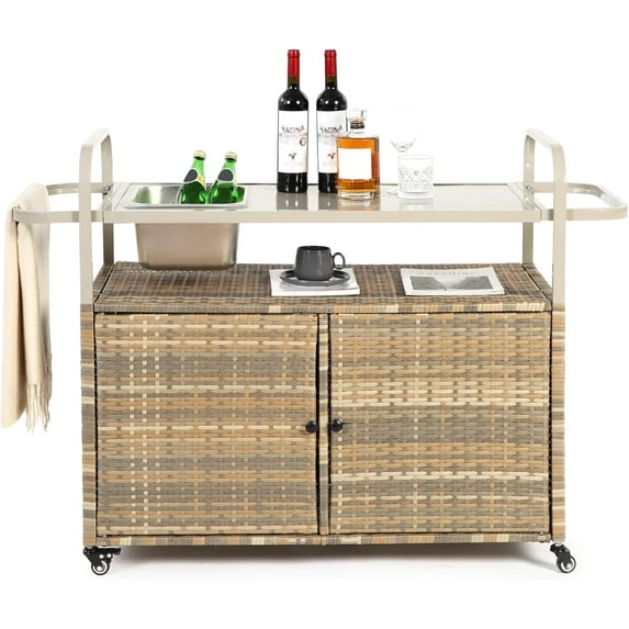HOMEFUN Outdoor Kitchen Island Wicker Serving Console Cart & Grill Bar Table Waterproof with Wheels and Ice Bucket Backyard and BBQ Prep, Brown