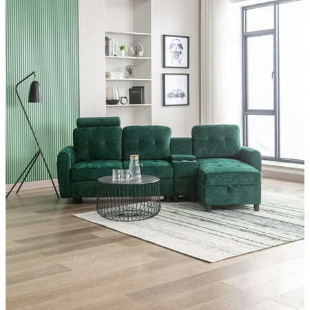 HOMEFUN Velvet/PU/Fabric Upholstered Tufted L-Shape Sectional Storage Convertible Sofa Emerald+Velvet