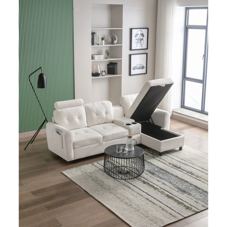 HOMEFUN Velvet/PU/Fabric Upholstered Tufted L-Shape Sectional Storage Convertible Sofa White+Velvet