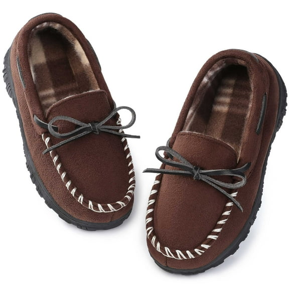 HOMEHOT Boys Slippers Boys Moccasin Slippers Memory Foam House Slippers Non-slip Rubber Sole Indoor Outdoor Brown Little Kid 13