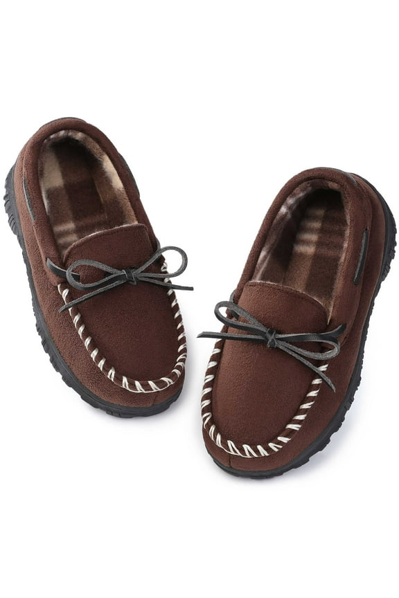 Boys Slippers Boys Moccasin Slippers Memory Foam House Slippers Non-slip Rubber Sole Indoor Outdoor Brown Little Kid 13