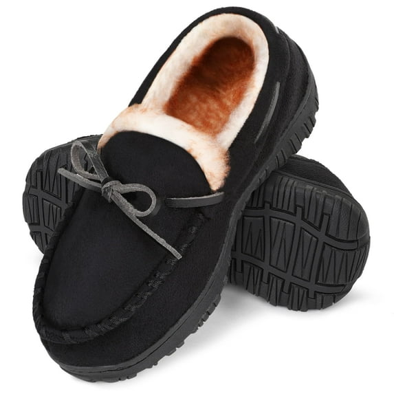 HOMEHOT Boys Slippers Moccasins Kids House Shoes Comfy Memory Foam Slippers for Girls Black Size 4 Big Kid Unisex