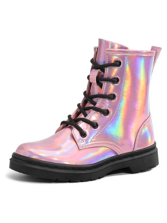 Girl's Boots Lace Up Glitter Ankle Boots for Kids With Side Zipper Pink 1 Big Kid
