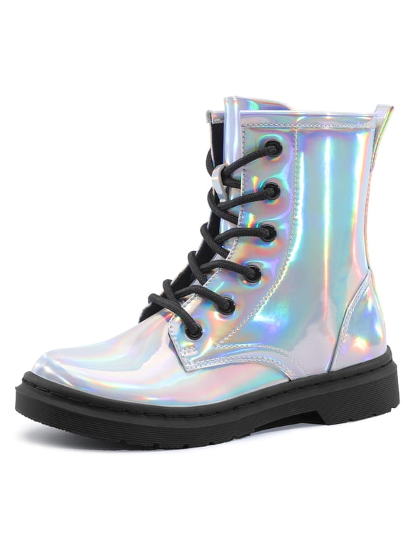 Girl's Boots Lace Up Glitter Ankle Boots for Kids With Side Zipper Silvery 2 Big Kid