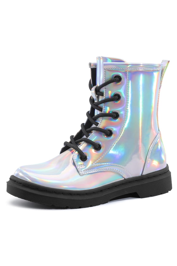 Girl's Boots Lace Up Glitter Ankle Boots for Kids With Side Zipper Silvery 3 Big Kid