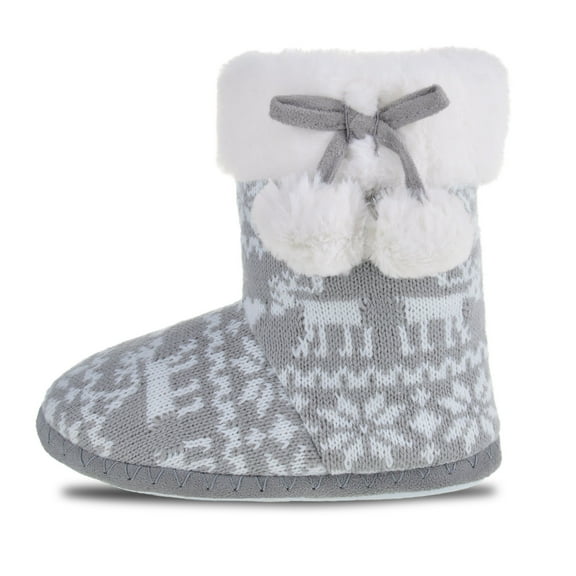 HOMEHOT Girls Bootie Slippers Fuzzy Plush Boots Shoes Memory Foam Slippers for Girls Pom Poms Gray Big Kid Size 3-4