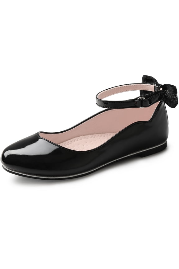 Girls Mary Jane Dress Shoes Ballerina Flats for Princess Uniform Shoes for Little/Big Kids with Ankle Strap Bowknot Shoes Black Size 4