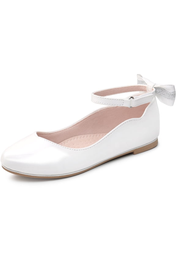 Girls Mary Jane Dress Shoes Ballerina Flats for Princess Uniform Shoes for Little/Big Kids with Ankle Strap Bowknot Shoes White Size 3