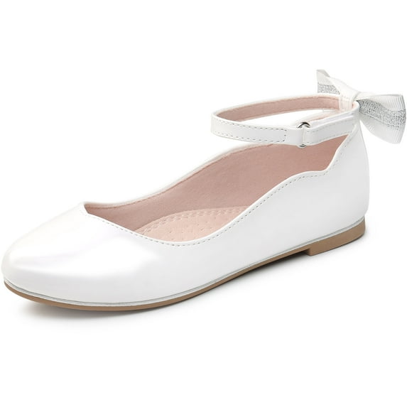 HOMEHOT Girls Mary Jane Dress Shoes Ballerina Flats for Princess Uniform Shoes for Little/Big Kids with Ankle Strap Bowknot Shoes White Size 5