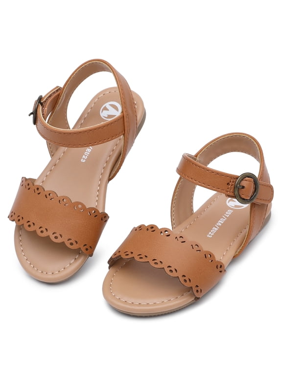 Girls Sandals Open Toes Cute Flats Sandals Adjustable Buckle Summer Shoes Brown 9 Toddler