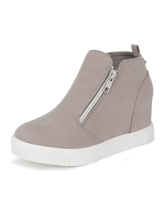 Girls Sneakers Girls Fashion Wedge Sneaker Shoes Little Big Kid High Top Shoes with Side Zipper Taupe Size 2 Big Kid
